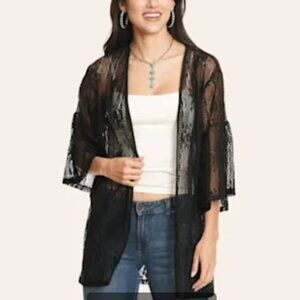 Cavenders NWT black lace open front kimono topper boho rodeo size M
